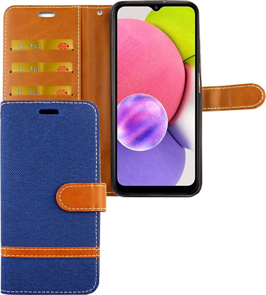 Samsung Galaxy A03s Tasche Handy Hülle Schutz-Cover Flip-Case mit Kartenfach, Farbe:Jeans Blau