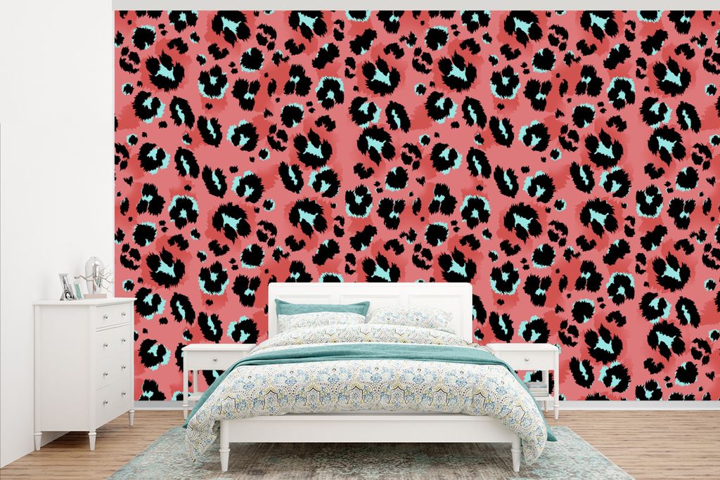 MuchoWow Fototapete für Wohnzimmer oder Schlafzimmer Wandtapete Vinyl Motivtapete Pantherdruck - Rosa - Blau - Muster - 375x240 cm - Wand Tapete