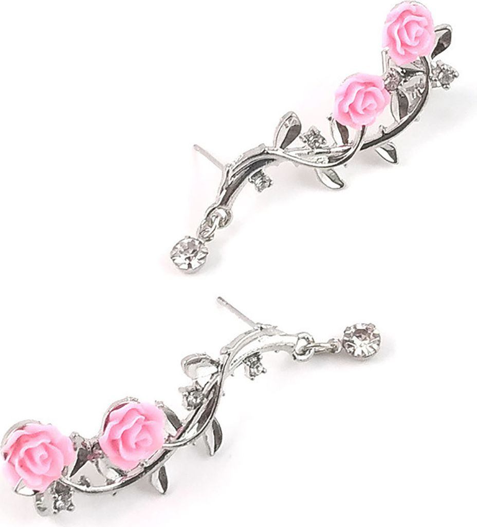 1 Paar glänzende Strass-Piercing-Ohrstecker, Rose, Blumenzweig, Manschettenohrringe, Modeschmuck-Silber