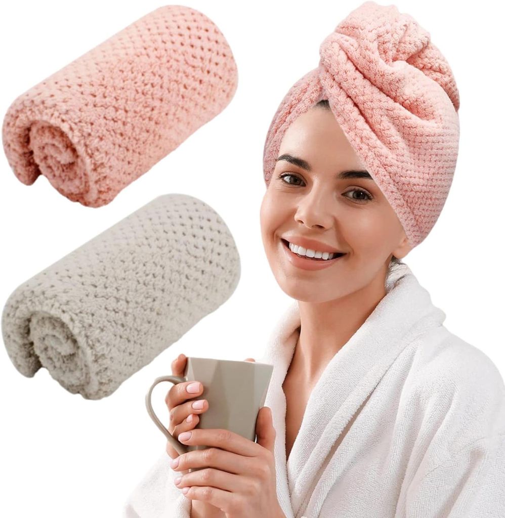 Haarturban Mikrofaser - Schnelltrocknendes Handtuch Mit Knopf für Alle Haartypen - 2 Stück