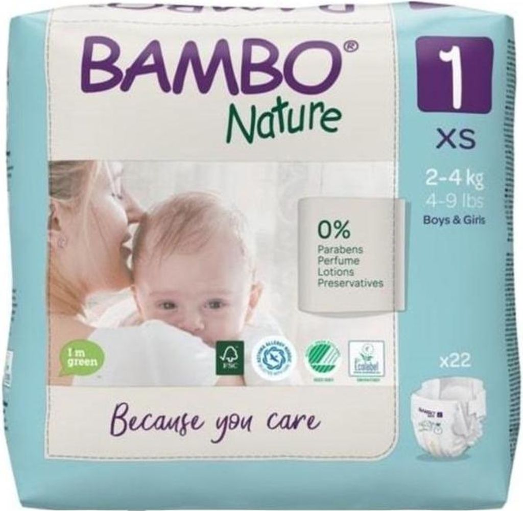 A package of Bambo Nature diapers, size 1, XS, for babies weighing 2-4 kg (4-9 lbs). The packaging features an image of a mother and baby, along with various certifications and product information.