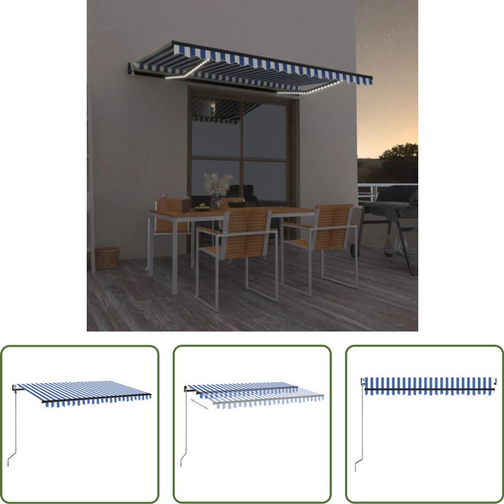 The Living Store Automatische Markise mit LED & Windsensor 450x350 Blau und Weiß