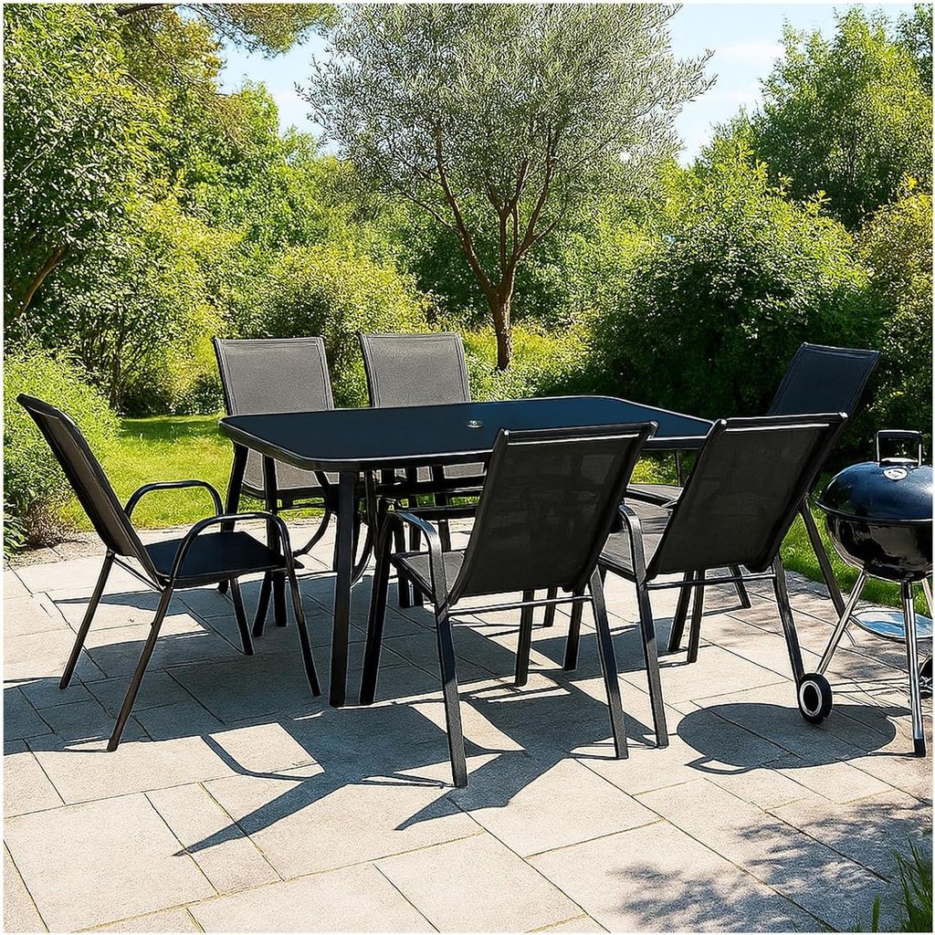 VORTIVO 7-teiliges Gartenmöbel-Set für 6 Personen – stapelbare Stühle, Tisch mit Glasplatte – wetterfest – für Garten, Balkon & Terrasse ...