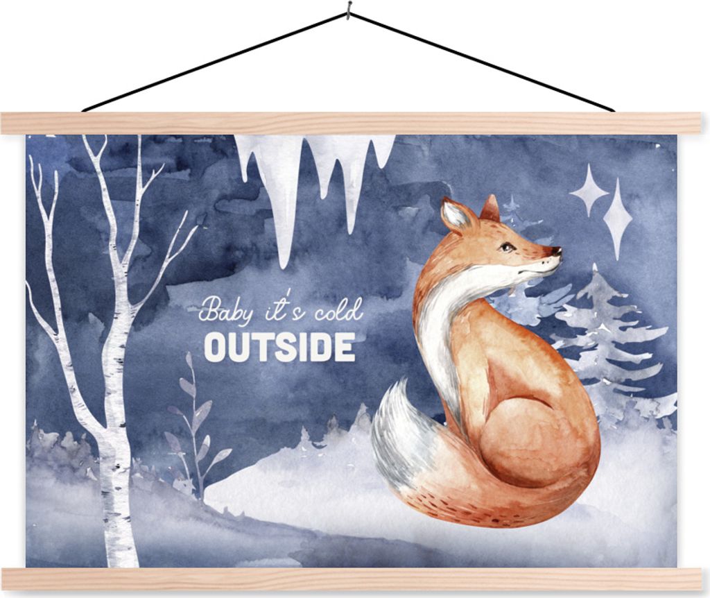 MuchoWow Textilposter Zitat - Winter - Fuchs 120x80 cm mit holzfarbenen Rahmen - Aufhängeset