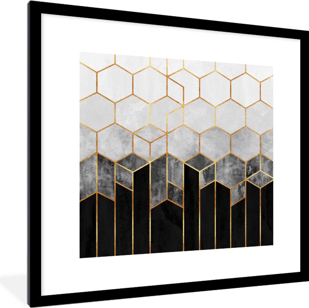 MuchoWow Gerahmtes Poster Gold - Sechseck - Chic - Muster - Luxus 40x40 cm - Poster mit Schwarzem Bilderrahmen Wandposter Rahmen Foto Bilder - Po...