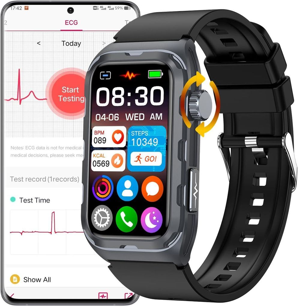 Smartwatch mit 1.47" Display, ECG, Temperatur, SpO2, Herzfrequenz, Schlaf- & Stressmonitor, Fitnessuhr mit IP68 Wasserschutz, Bluetooth