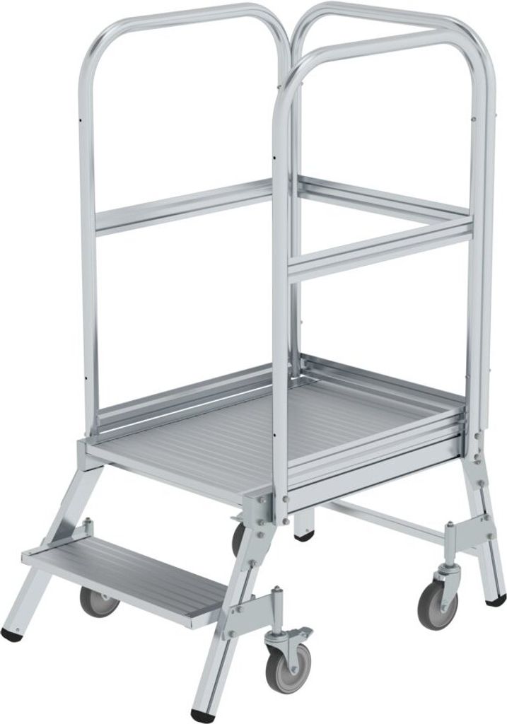 Podesttreppe einseitig begehbar mit Federrollen | Aluminium geriffelt | 2 Stufen | Rutschsichere Leiterschuhe