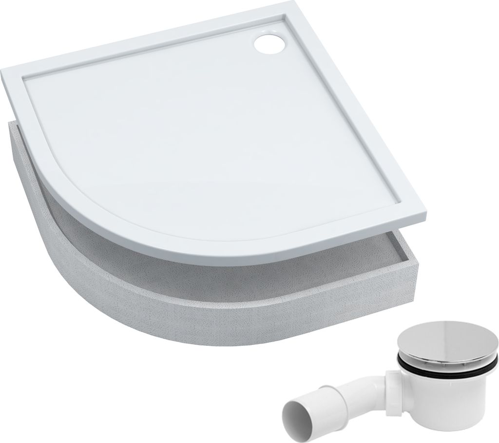 A white quarter-circle shower tray with a grey support structure and a white drain assembly are shown against a white background.