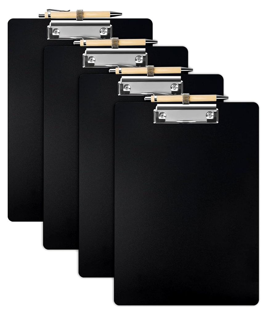 4 Stück A4 Klemmbrett mit Stifthalter, Schwarz Kunststoff, Clipboard mit Metallklemme für A4 Papier