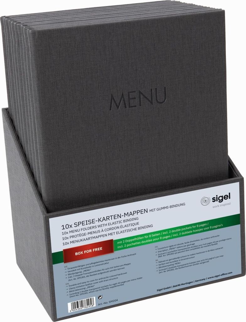 Speisekarten-Mappe Gummi-Bindung A4 Prägung MENU anthrazit mit Box 10 Stück Packung mit 2 Stück