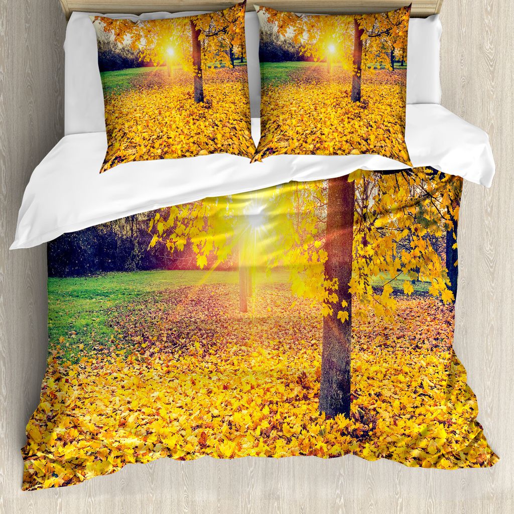 ABAKUHAUS Herbst Bettbezugs Set Für Doppelbetten, Abendlicher Naturpark, Milbensicher Allergiker geeignet mit Kissenbezügen, Gelbgrün