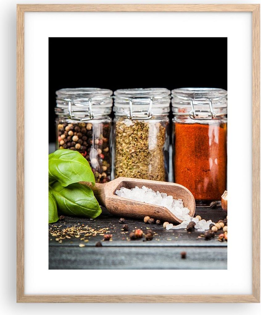 Gerahmtes Poster - Rahmen in heller Eiche - Gewürze Knoblauch Holz Salz - 40x50 cm - Wand Bild - Wanddeko - Wandbilder - Wandposter - Bilderrahmen...
