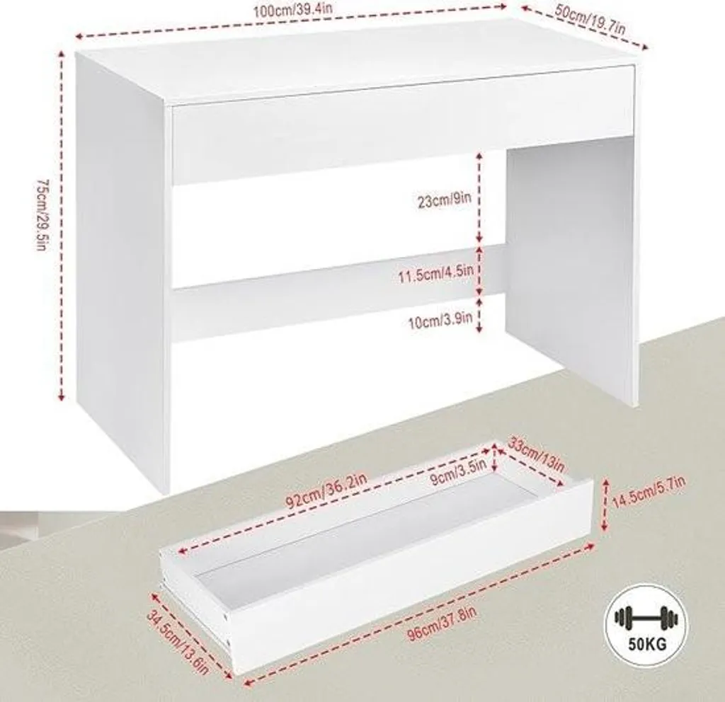 Bureau blanc 100 cm avec tiroir intégré - Table informatique compacte - 3