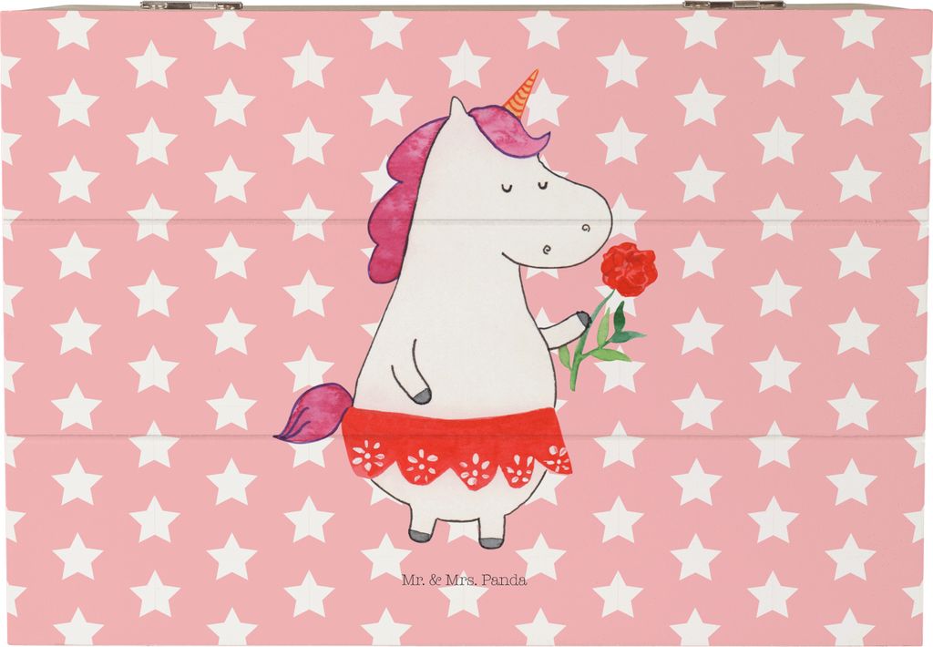 Mr. & Mrs. Panda Box Einhorn Dame 22 x 15 cm - Rot Pastell - Geschenk, Unicorn, Einhörner, Kiste mit Deckel, Holzkiste, fotobox, Freundin, Trennun...