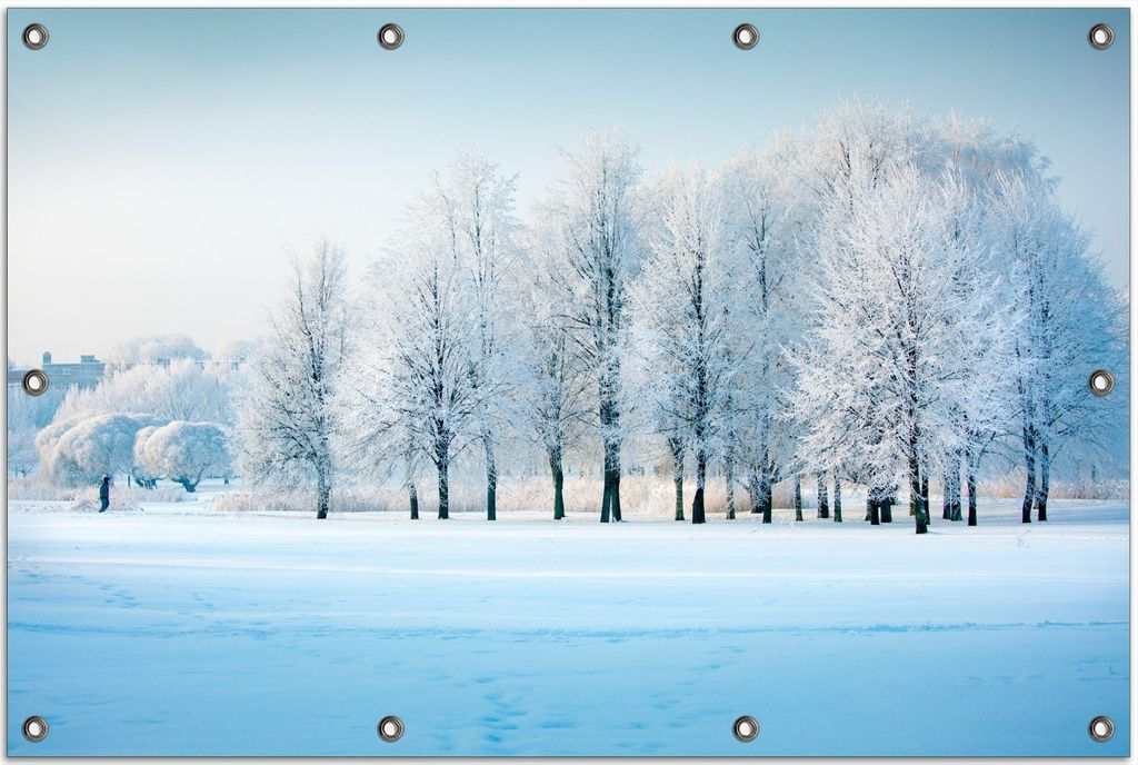 Wallario Outdoor-Poster für Garten oder Balkon, Motiv Verschneite Bäume in einer Winterlandschaft, in ca. 80 x 120 cm