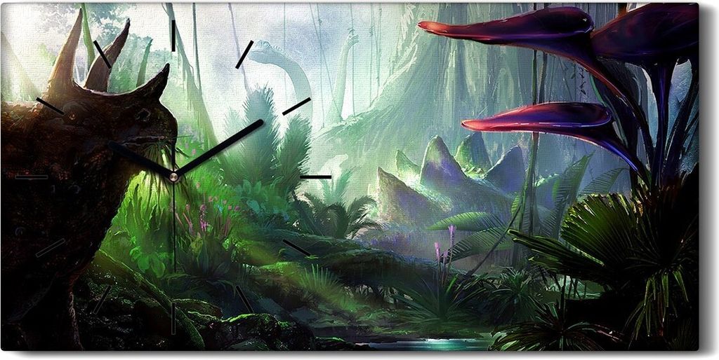 Wanduhr Uhr Wandbild Leinwand 60x30 Dinosaurier Dschungel Jura Landschaft - schwarze Hände