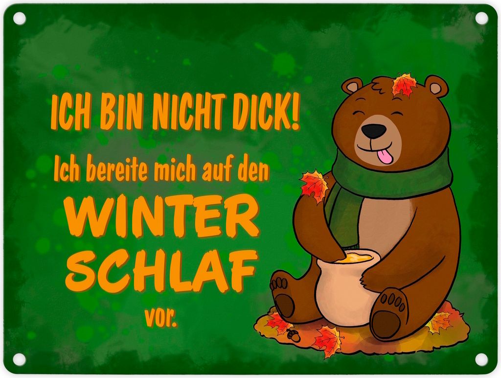 Bär mit Honigtopf im Herbst Metallschild in 15x20 cm mit Spruch