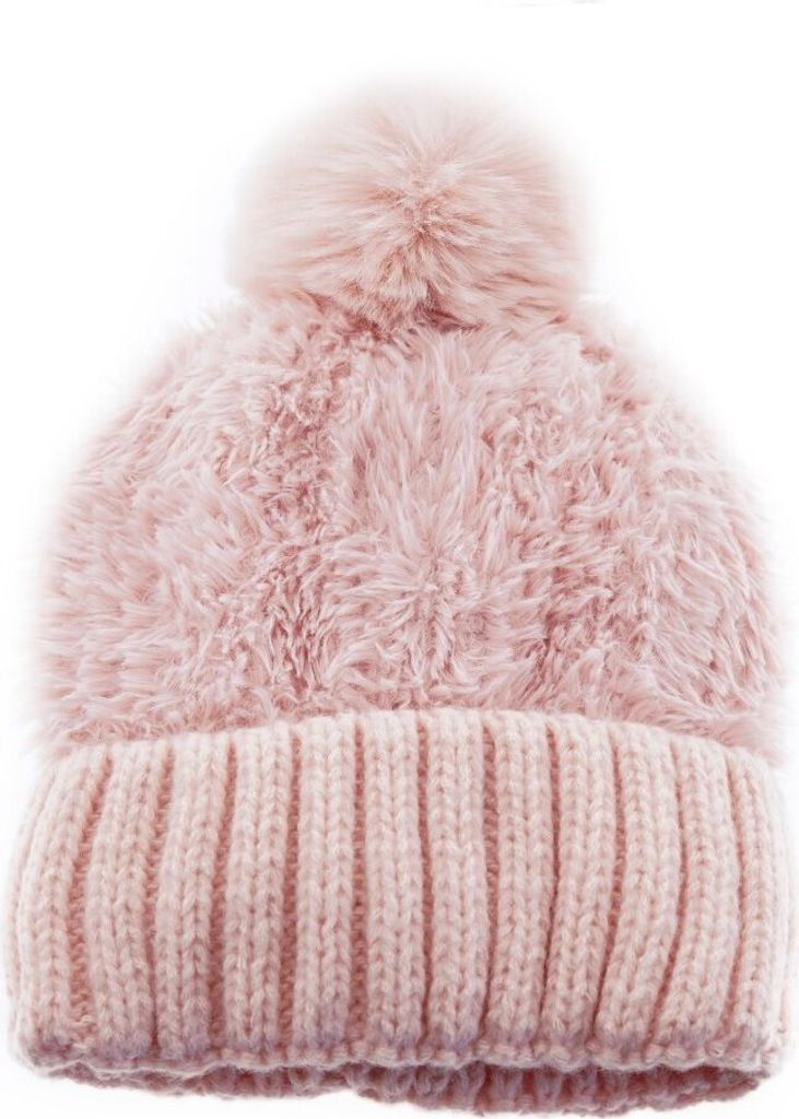 Wintermütze mit Plüsch Bommelmütze mit Innenfutter Uni Mütze OneSize Rosa