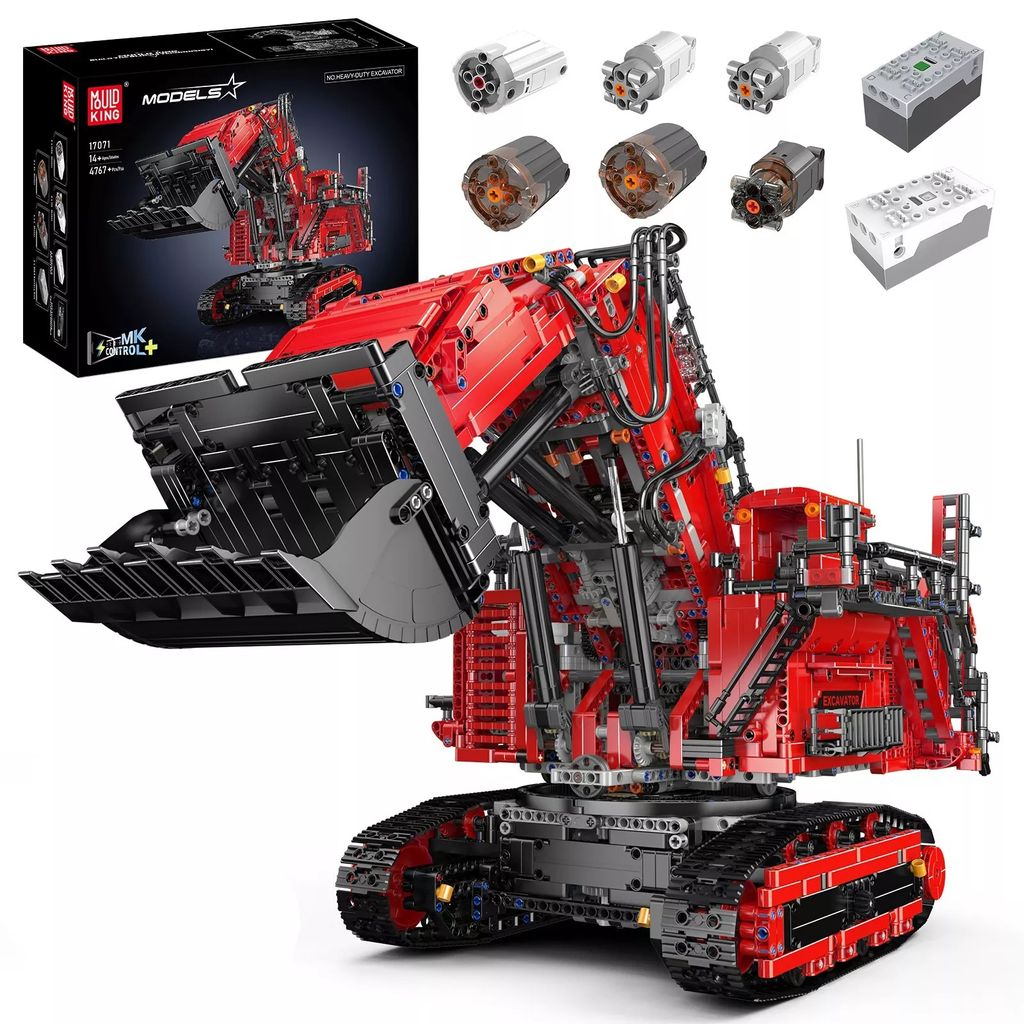 A large red and black remote-controlled excavator model, with several smaller motor components and battery packs arranged above it, and a product box in the background.