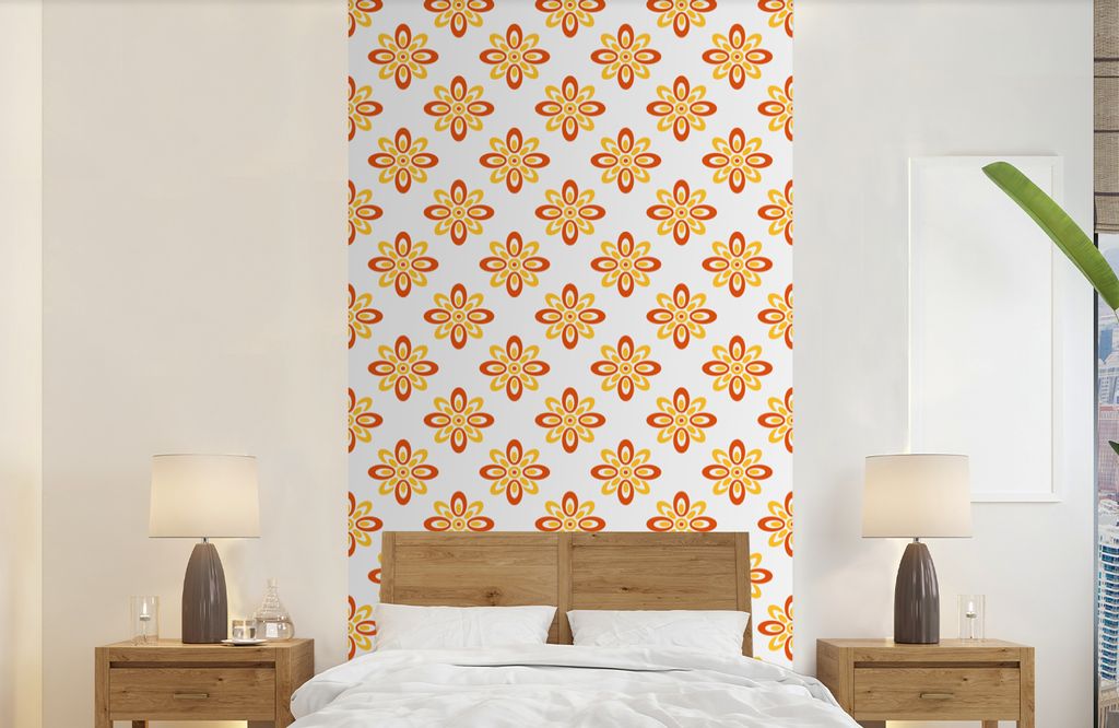 MuchoWow Fototapete für Wohnzimmer oder Schlafzimmer Wandtapete Vinyl Motivtapete Muster - 70er Jahre - Blumen - Orange - 120x240 cm - Hintergru...