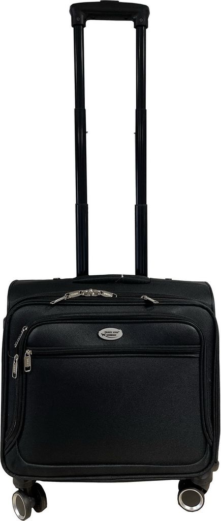 A black rolling suitcase with an extended handle against a white background.
