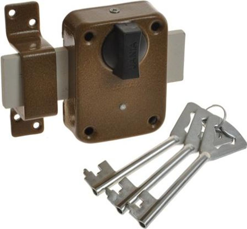 A lock mechanism and three keys are displayed against a white background.