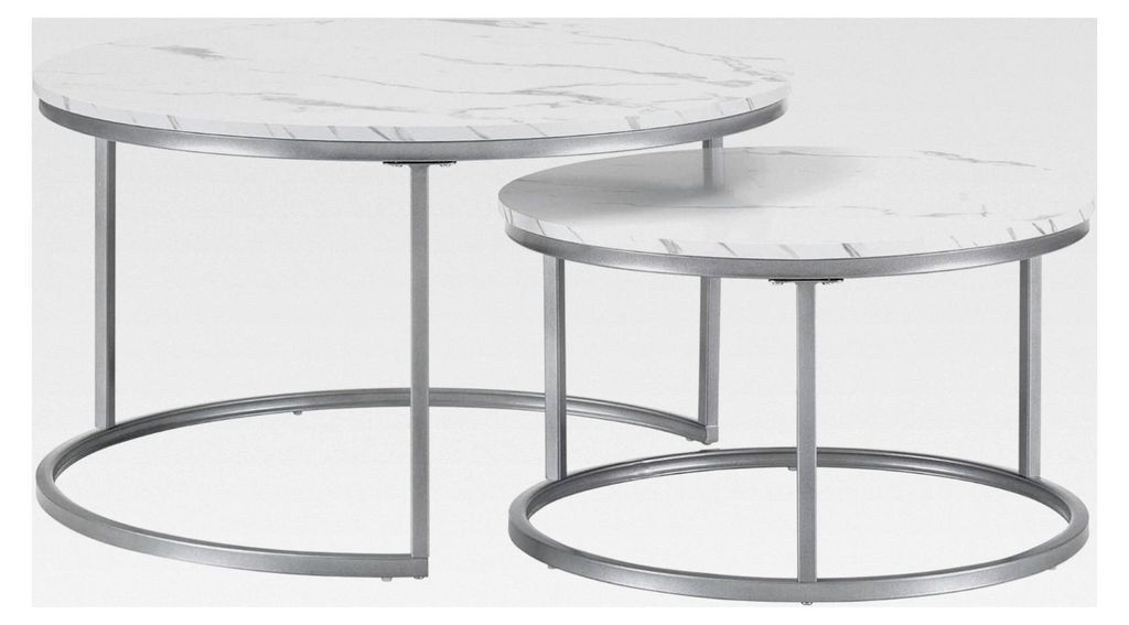Runder Marmor Couchtisch, Weißer Wohnzimmertisch, 2er Set Beistelltische, Silbernes Metallgestell, Kaffeetisch