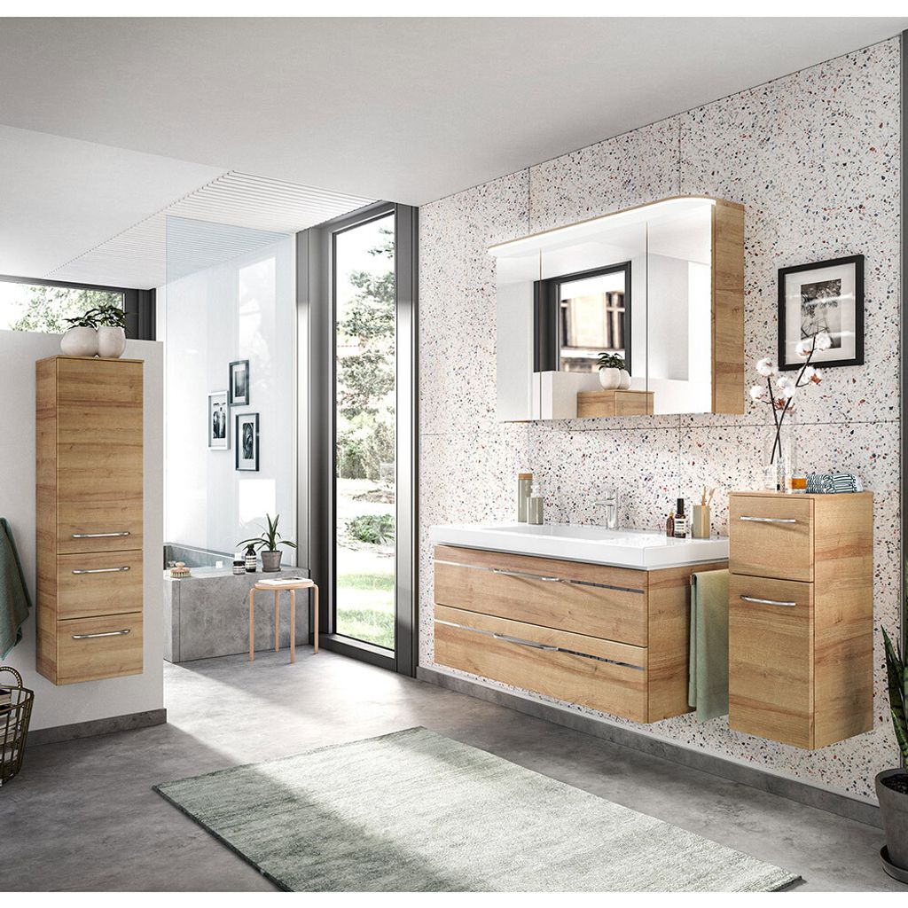 Badezimmer Komplett Set in Riviera Eiche quer Nb., inkl. Beleuchtung und Waschbecken, BUDVA-66, B/H/T ca. 215/200/49 cm