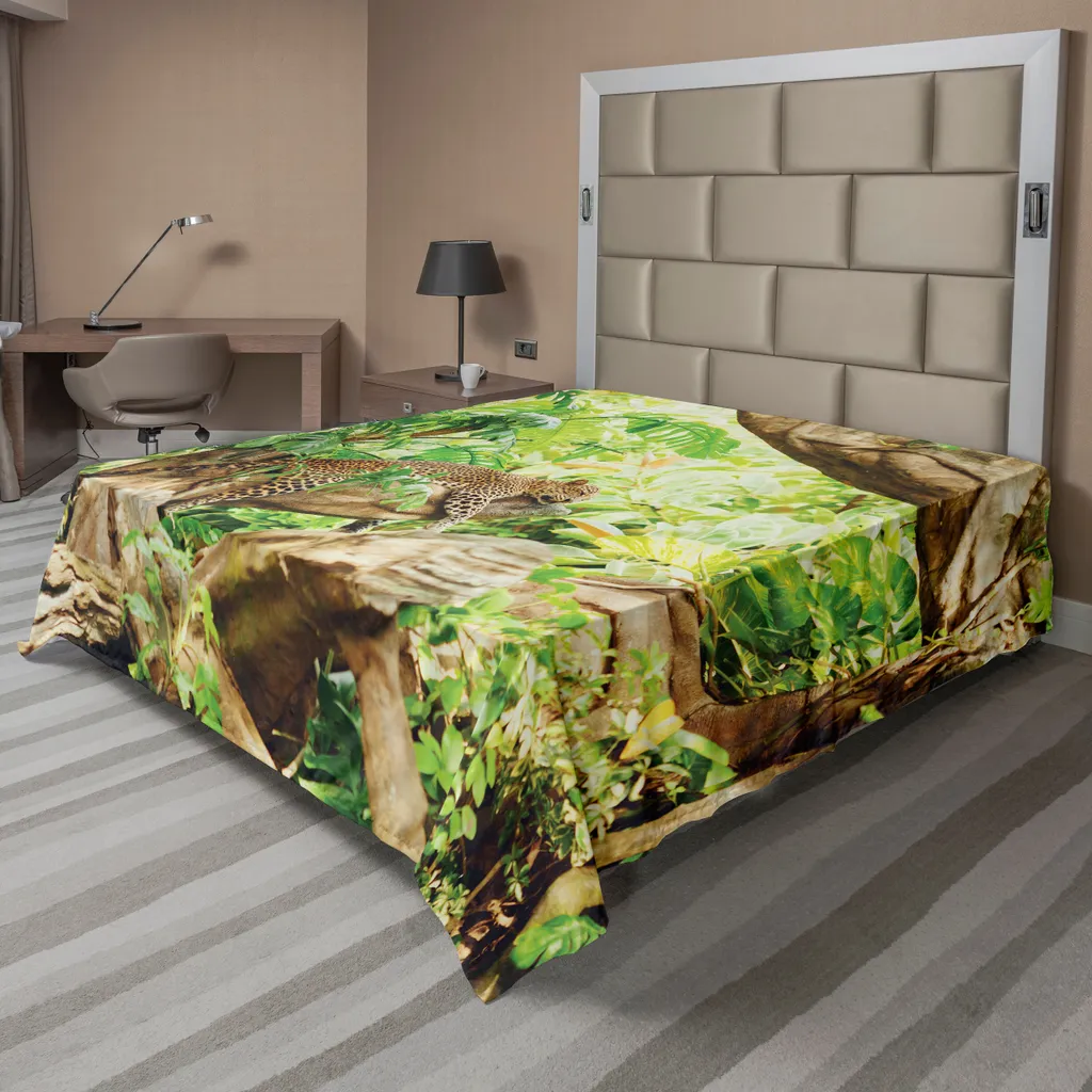 Drap de lit plat Safari ABAKUHAUS Léopard Savane 244x205cm Vert Marron