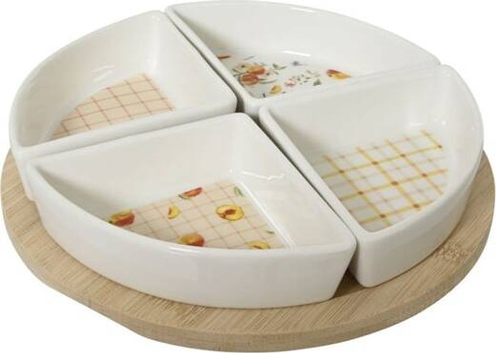 Tapas Set - Holztablett mit 4 Keramikschalen im Pfirsichmotiv - ca. Ø 22 x 4,5 cm