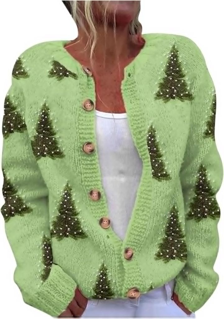 ASKSA Damen Weihnachts Strickjacke Weihnachtsjacke Weihnachten Cardigan Reindeer Weihnachtsmann Weihnachtspullover Sweat,Gruen,XXL
