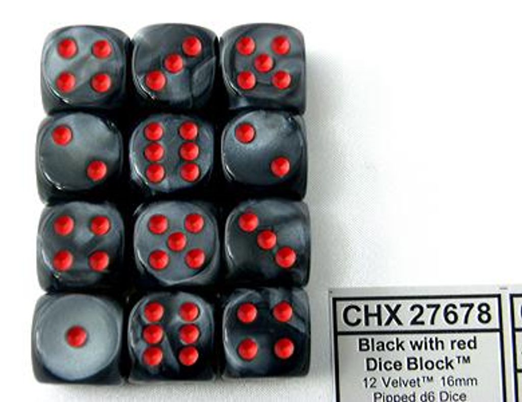Chessex 16mm D6-Würfel-Set (12) Velvet / Schwarz/Rot