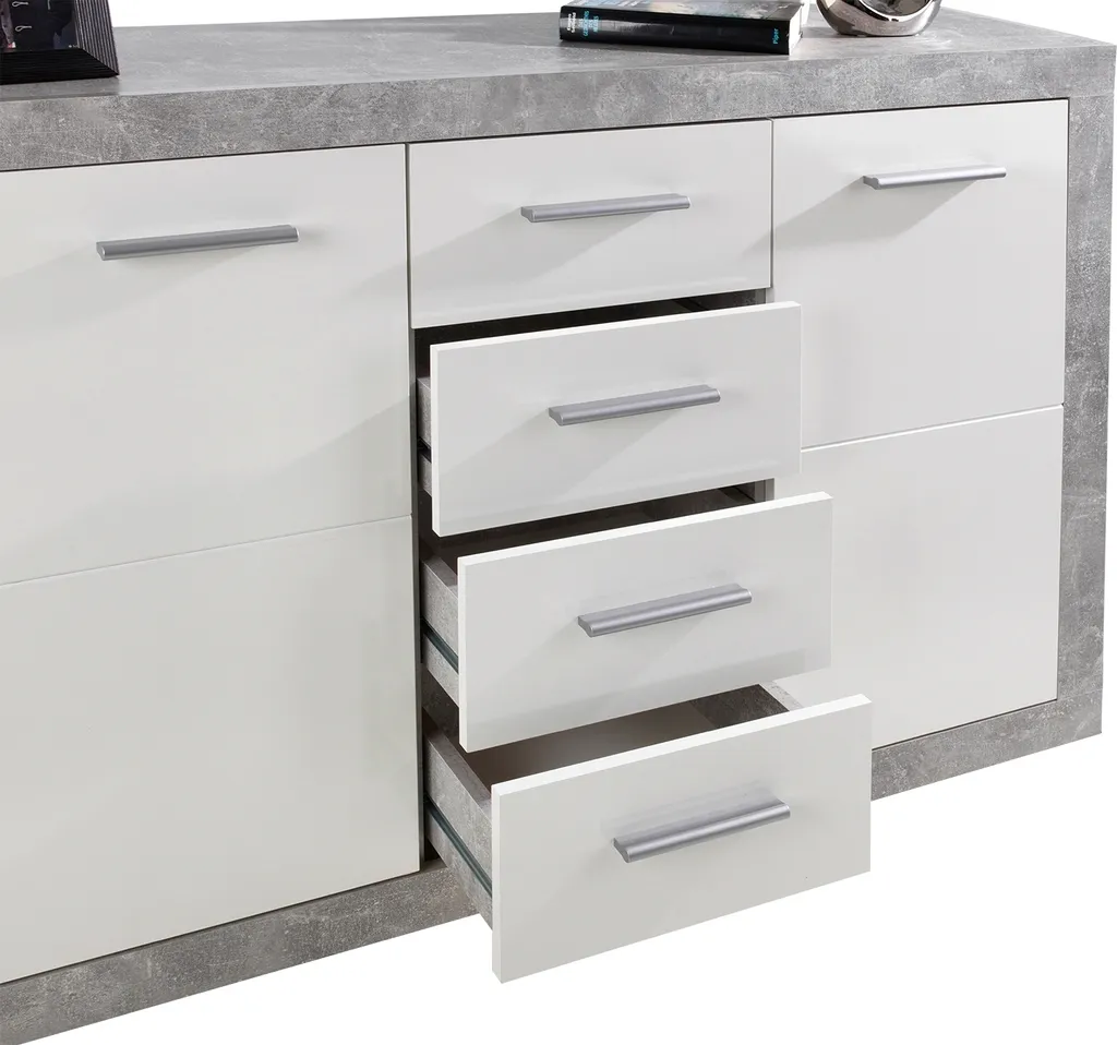 Buffet laqué blanc brillant style industriel béton avec rangements - 8