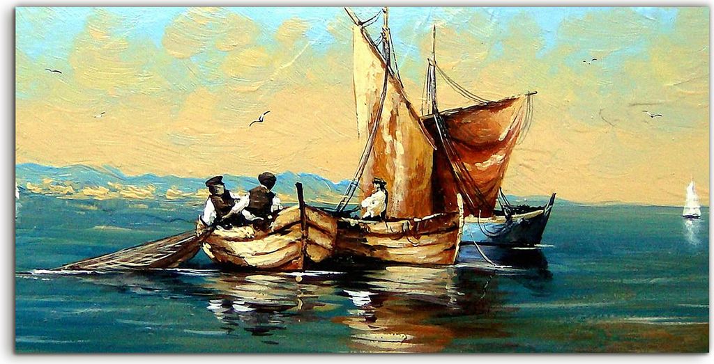Coloray Spritzschutz aus Glas 100x50 Wandkunst Küchenrückwand Fischer Schiffe Boot Meer Landschaft