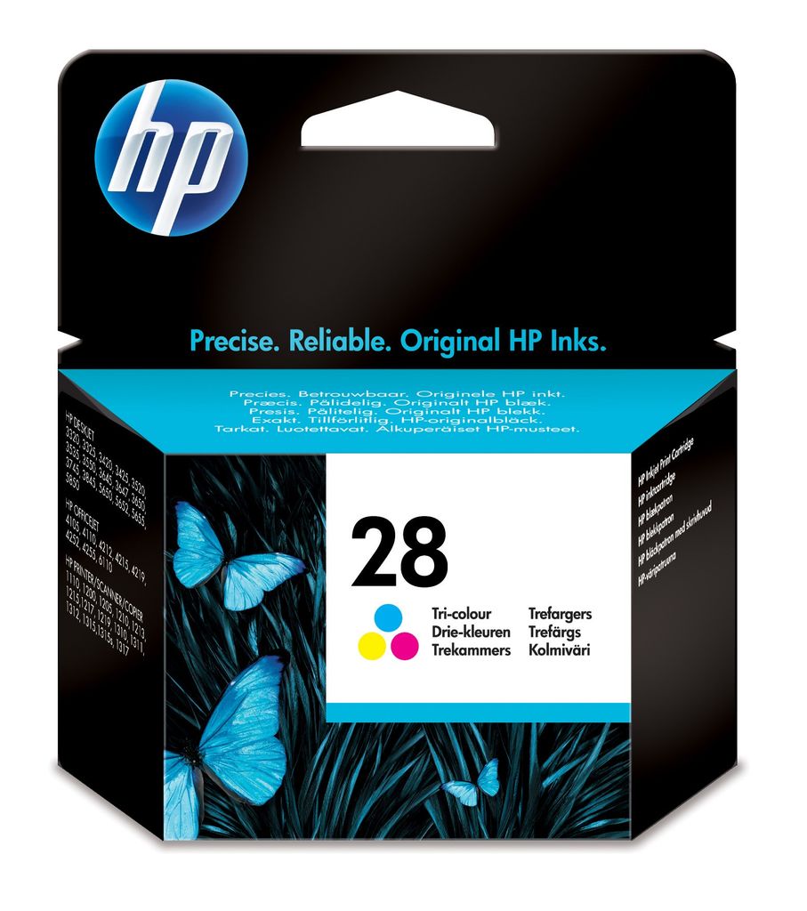 The image shows the packaging of an HP 28 tri-color ink cartridge.