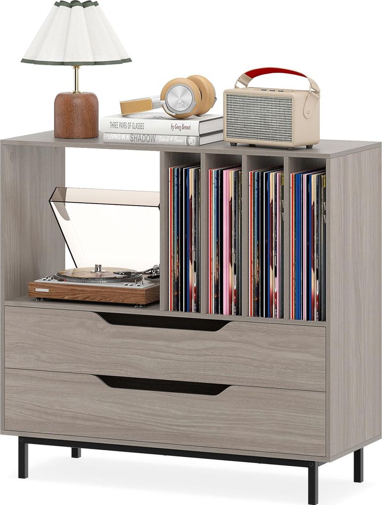 COSTWAY Plattenspielerständer, Plattenspielertisch mit Fach, 4 Vinyl-Fächern & 2 Schubladen, Schallplattenschrank mit Vinylaufbewahrung, Grau