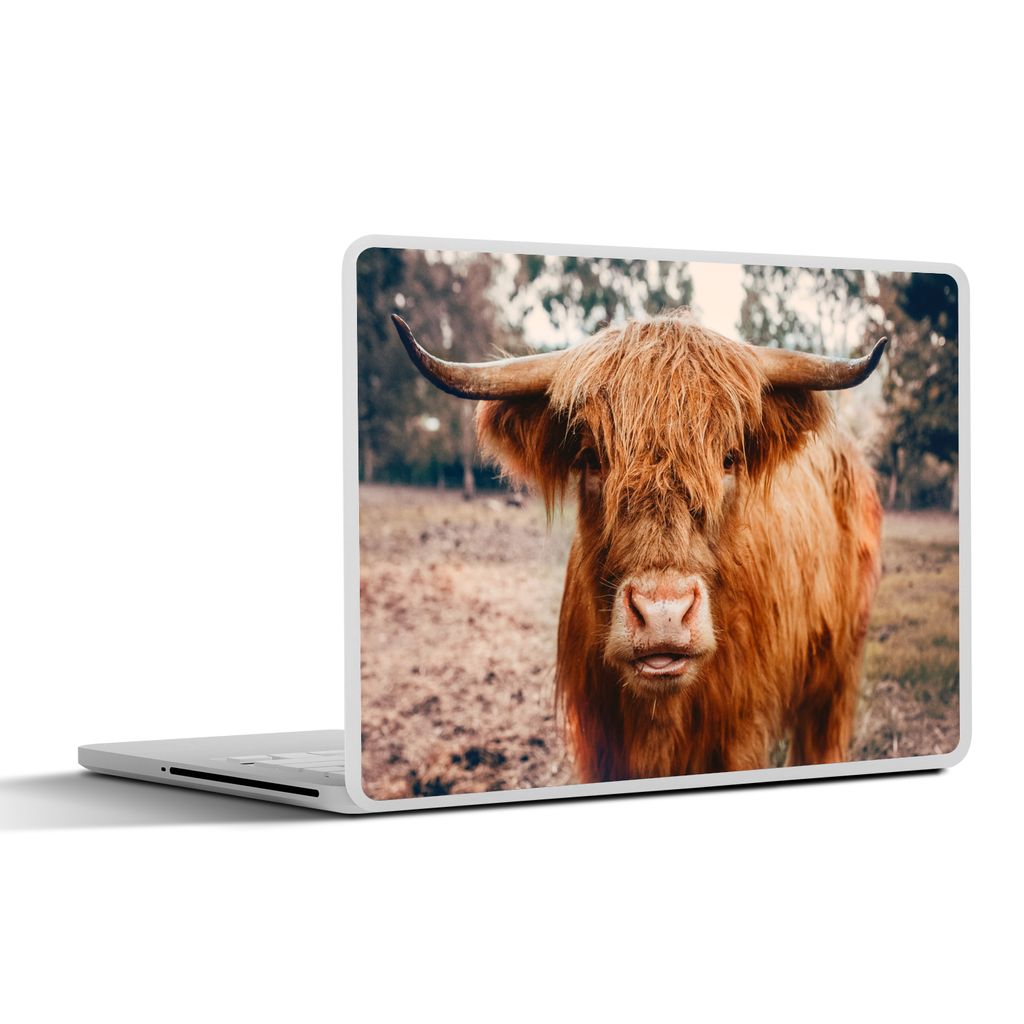 MuchoWow Laptop Aufkleber Sticker Cover Kuh - Schottischer Hochländer - Hörner - Braun - Landschaft 31x22.5 cm - Laptop-Deko