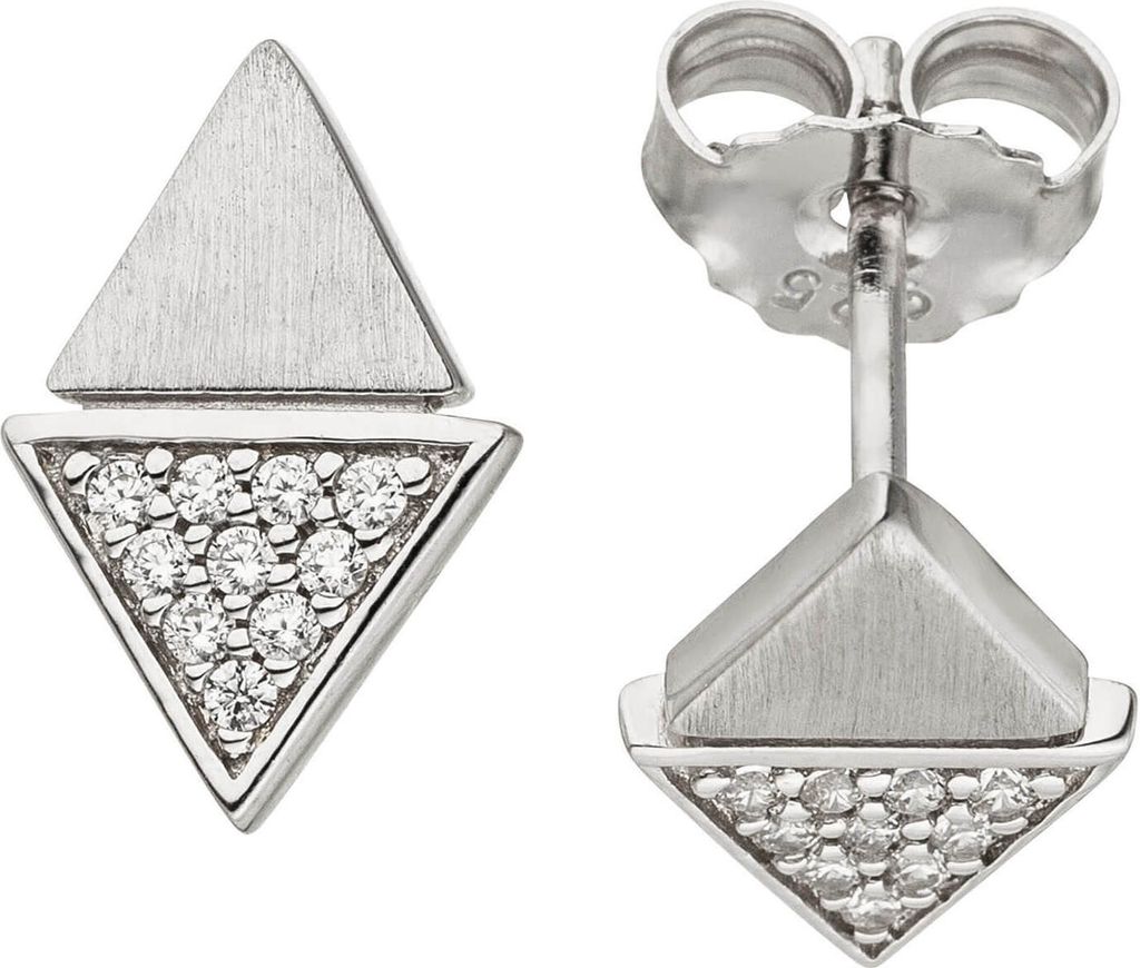 Ohrstecker Ohrringe Dreiecke mit weißen Zirkonia, 925 Silber rhodiniert teilmatt