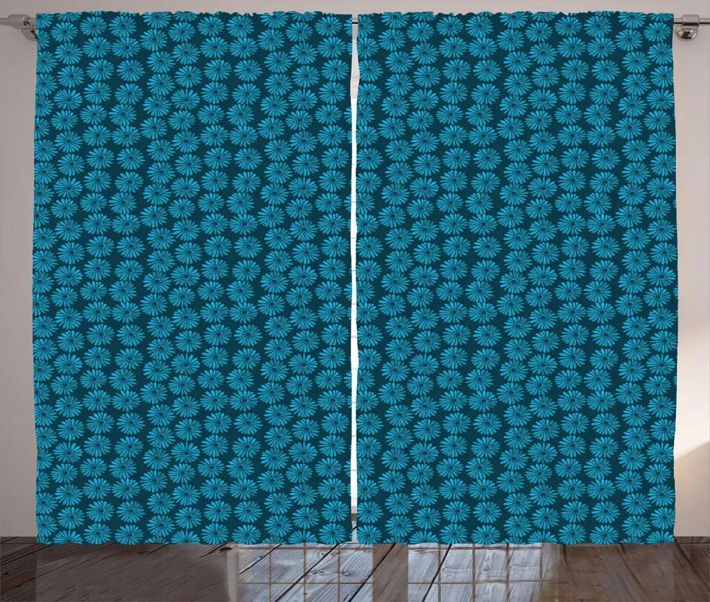 Rideau fleuri bleu pétrole 280 x 225 cm finition ruban froncé et boucles