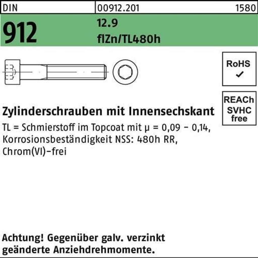 Reyher Zylinderschrauben DIN 912 12.9 M12x30 flZn/nc/TL/x/480h/C flZn (100)