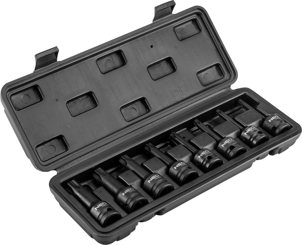 NEO TOOLS Satz mit 8 TORX-Schlagnüssen Größen: T30, T40, T45, T50, T55, T60, T70, T80, ein 1/2"Schlaggelenk, Cr-Mo-Stahl, Steckschlüsseleinsät...