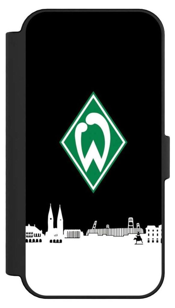 NIVOCASE Klapphülle für Apple iPhone 16 Handyhülle aus Kunst Leder NIVOflip schwarz Offizielles Lizenzprodukt SV Werder Bremen Skyline