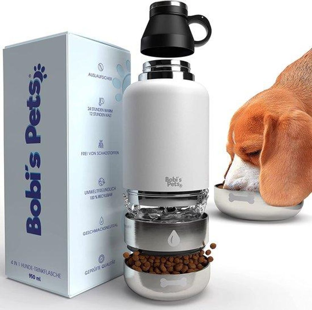 4-in-1 Hundetrinkflasche - Thermosflasche, Becher, Wasser- und Futternapf (Weiß) - Hundetrinkflasche für unterwegs