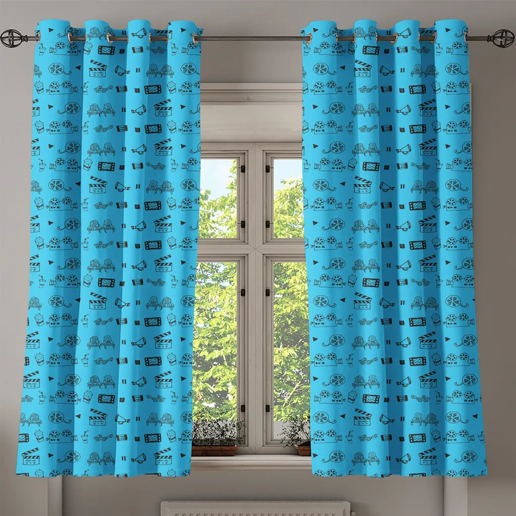 ABAKUHAUS Tenda con occhielli blu e nera, iconografie cinematografiche e teatrali scarabocchiate, macchina fotografica, sedie, popcorn, valvola a cerniera, tende decorative a 2 pannelli, 280 cm x 175 cm, azzurro e nero - 2