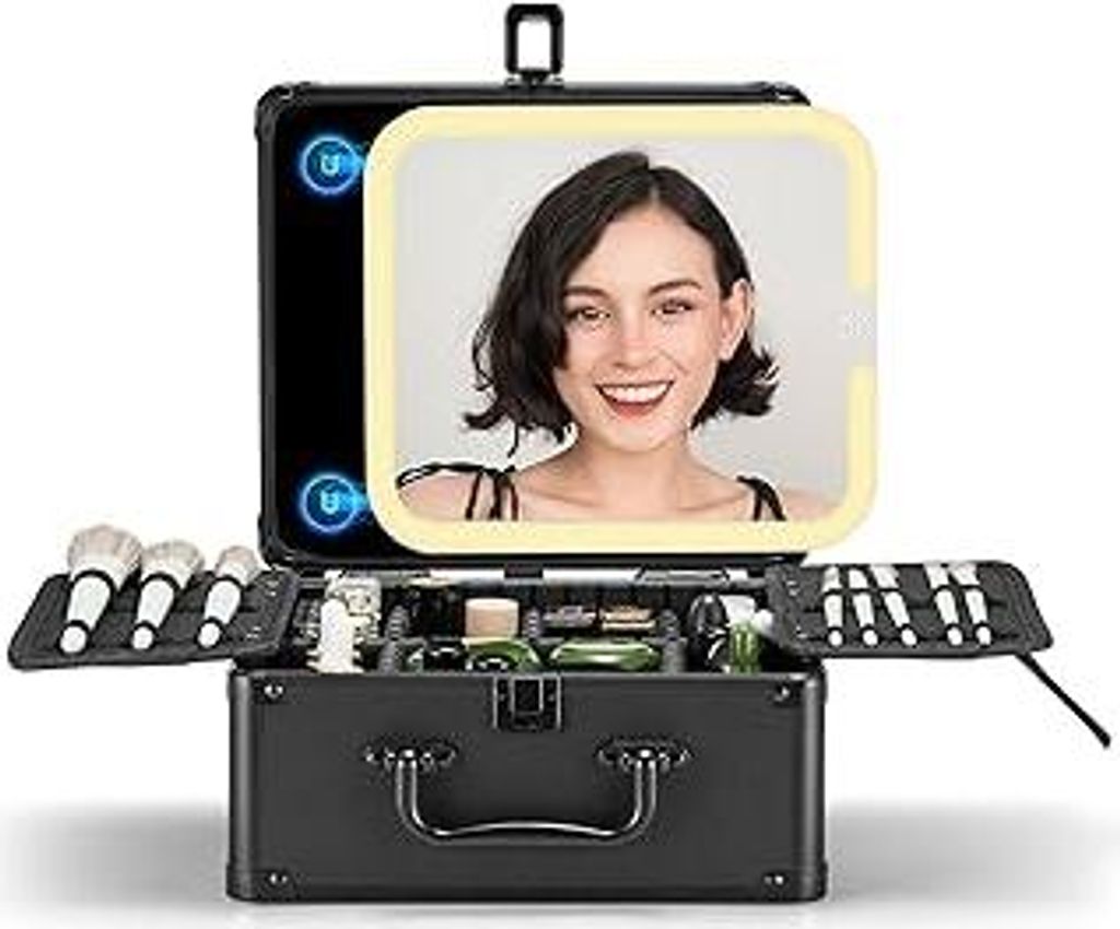OMIRO Make Up Box mit Beleuchtetem Spiegel, Kosmetikkoffer mit Abnehmbarem Magnetspiegel (Schwarz)