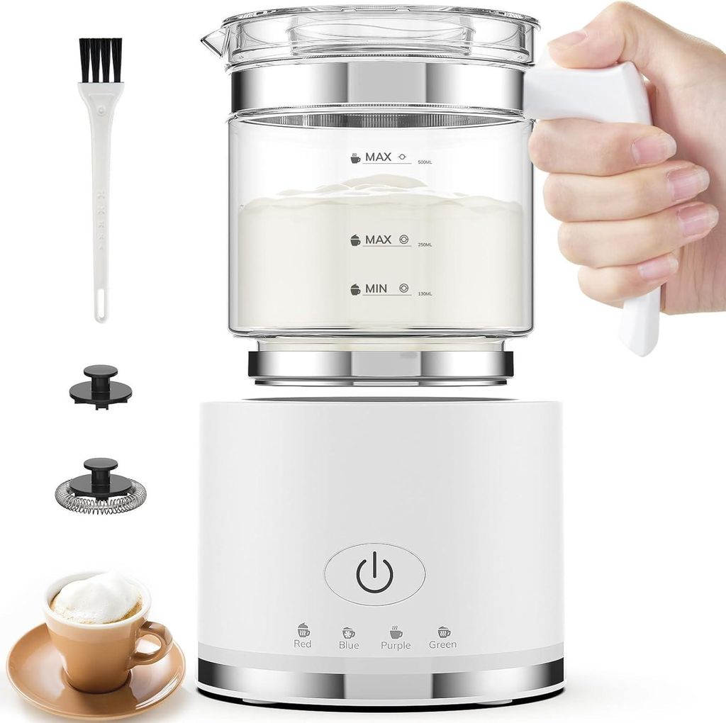 Milchaufschäumer Elektrisch, 600W 4-in-1 Milchschäumer für Heißer und Kalter, 130-500ml, Spülmaschinenfest, Visuelles Glas, Latte-Design, Weiß