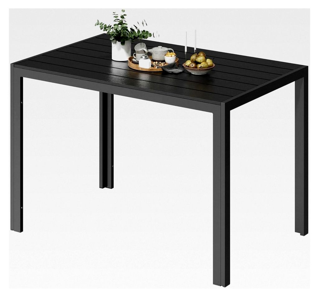 Wetterfester Gartentisch mit Aluminiumrahmen, 110 x 70 x 74 cm, WPC Tisch mit Holzmaserung, Balkontisch für 4-6 Personen, Schwarz+Dunkelgrau