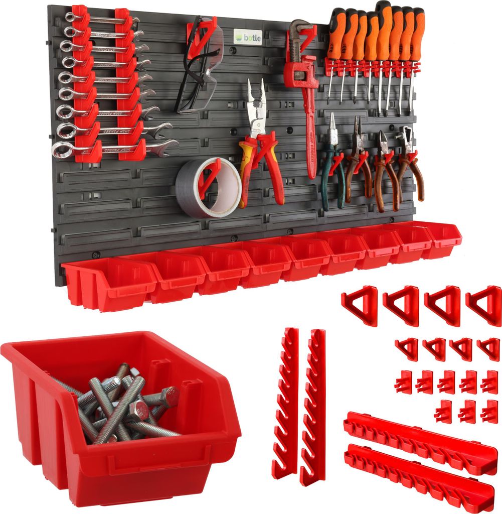 botle Werkzeugwand Lochwand aus Kunststoff, Stapelboxen + Wandregal + Werkzeughalter 31-teiliges Set, Kleinteilelager 77 x 39 cm, Wandwerkstatt m...