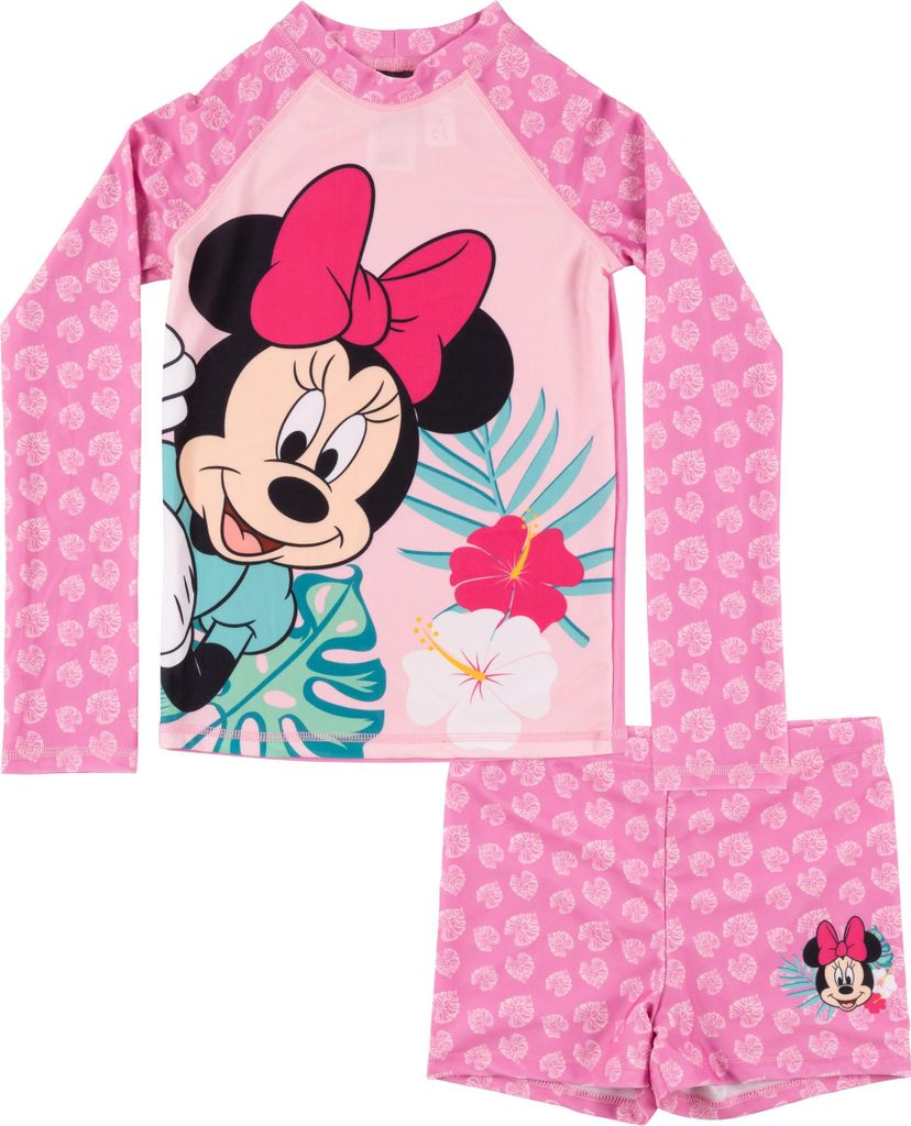 Disney Minnie Mouse Schwimmset UV-Schutz 30 für Mädchen - Kinder Badeanzug Badeset langarm Shirt und Hose Zweiteiler Rosa 110-116