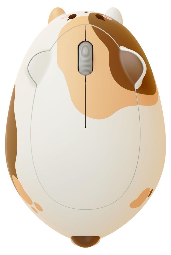 A top-down view of a calico cat-themed wireless mouse.